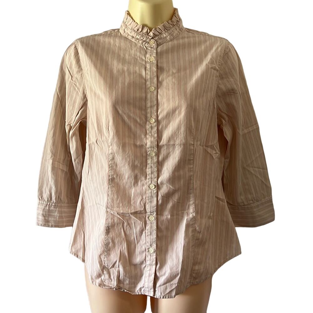 Nautica Size 4 Beige Striped Blouse Band Collar, 3/4 Sleeves Ruffle Y2K